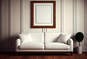 Wall Mural - Modern living room with empty canvas or wall decor frame in center. Product presentation advertisement background, image and photograph art display, mock up editor.