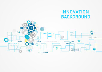 Poster - abstract Minimal Innovation Technology Background The light bulb has a cog inside. Blue lines with dots and elements, gray background.