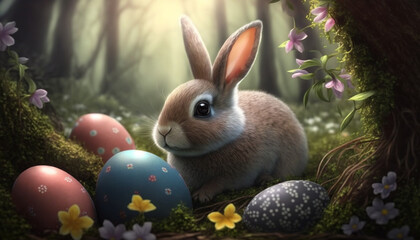 Wall Mural - easter bunny in the forest among easter eggs a small fluffy rabbit is looking for color