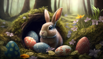 easter bunny in the forest among easter eggs a small fluffy rabbit is looking for color