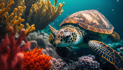  Illustration of a turtle swimming in shallow sea water. Through the cracks of the beautiful sea coral. The turtle is heading towards the beach for the purpose of laying eggs.