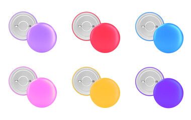 Poster - Pin buttons mockup, blank round purple, red, blue, pink and yellow metal badges 3d render. Realistic set of color brooch icons, isolated empty name tags or labels, front and rear view. 3D illustration
