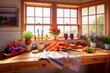 Landhausküche mit frischem Gemüse und weiteren Zutaten zum Kochen mit Blick in die Natur durch Fenster