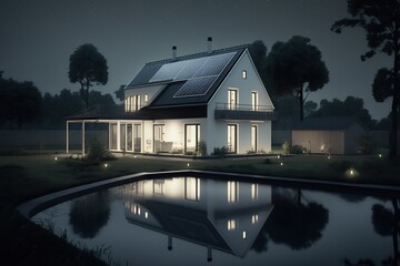 White House with Solar Panels and Pool at Night, Generative AI