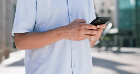 Poster - Phone, hands typing and city man check email, texting on ui or surfing internet, website or online search for social media. Digital news, 5g mobile smartphone and person sms, message or contact user
