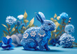 Blue easter bunny with flowers, paper craft, Generative AI