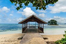 Small Jetty Or Wooden Boathouse On Tropical Sandy Beach On La Digue Island On Seychelles
