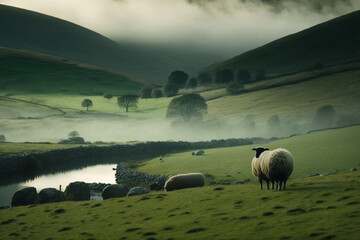 Wall Mural - A misty moor with rolling hills and grazing sheep Generative AI