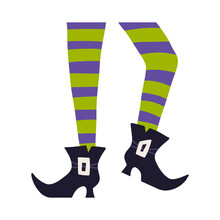Dancing Witches Legs With Boots And Stockings, Cartoon Flat Vector Illustration Isolated On White Background. Halloween Decoration Element. Wicked Witch In Tights And Shoes.