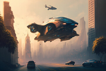 Wall Mural - A flying car passing over the city Generative AI