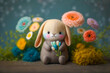 Felt easter bunny with flowers, greeting card, Generative AI