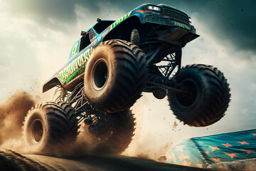 Poster - A racing monster truck jumping over ramps Generative AI