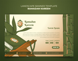 Wall Mural - Ramadan banner template design with al-qur'an and bamboo background in hand drawn design