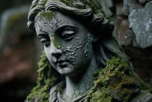 Close - Up Of A Weathered Stone Statue With Lichens And Moss Growing On It, Concept Of Aging And Weathering, Created With Generative AI Technology