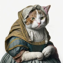 Renaissance Female Cat Portrayed In A Whimsical Art Style, Blending Feline Features With Historical Period Attire, Creative, Funny, Humorous And Unique, Generative Ai