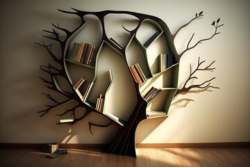 Wall Mural - Bookshelf that is shaped like a tree with branches and leaves that hold books and other objects, concept of Organic Storage and Functional Art, created with Generative AI technology