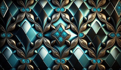 Wall Mural - Teal and gold pattern with gemstones ai generated