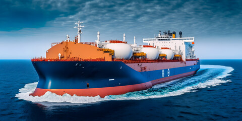 Wall Mural - Tanker Liquefied Natural Gas LNG ship sails on ocean water, banner logistic. Generation AI