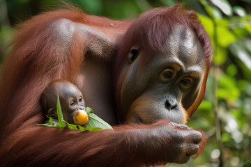 Wall Mural - Sumatran orangutan (Pongo abelii) feeding her baby some food