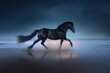 Majestic Black Horse on Night Beach, AI Generative