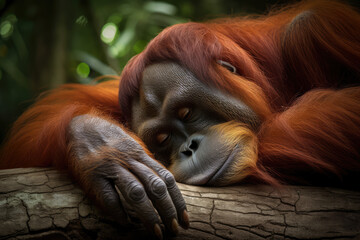 Wall Mural - Sumatran orangutan (Pongo abelii) peacefully sleeping on a tree:: national geography photography