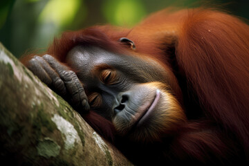 sumatran orangutan (pongo abelii) peacefully sleeping on a tree:: national geography photography