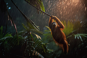 Wall Mural - Sumatran orangutan (Pongo abelii) swinging on the branches under a heavy rain at night during storm bright lighting AI Generated