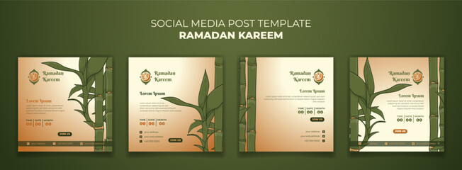 Wall Mural - Set of social media post template for ramadan kareem with green bamboo background in hand drawn