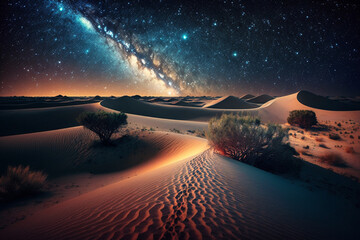 Wall Mural -  A vast desert with rolling dunes and starry night sky Generative AI