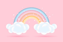 3d Baby Shower, Rainbow With Clouds And Stars On A Pink Background, Childish Design In Pastel Colors. Background, Illustration, Vector.