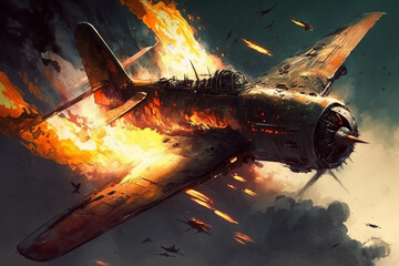 Canvas Print - A flaming warplane falling from the sky Generative AI