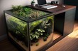 Desk with a built - in planter or terrarium complete with plants and soil, concept of Organic Decor and Nature-Inspired, created with Generative AI technology
