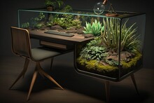 Desk With A Built - In Planter Or Terrarium Complete With Plants And Soil, Concept Of Organic Decor And Nature-Inspired, Created With Generative AI Technology