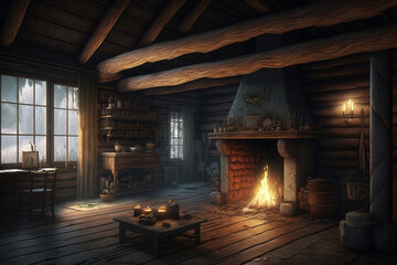 Canvas Print - A rustic log cabin with a cozy fireplace and wooden Generative AI