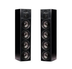 Pair of professional modern audio speakers in black wooden casing isolated on transparent background