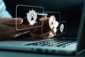 Poster - shield protect icon, virtual screen interface, data protection cyber security privacy business, data personal and network information technology, digital protection privacy concept