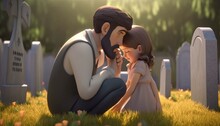 Father And Daughter Crying Next To Mothers Grave In The Cemetery Generative AI Illustration