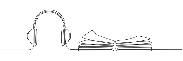 Poster - Book with headphones continuous line drawing. Audio reading linear concept. Audiobook symbol. Vector illustration isolated on white.	
