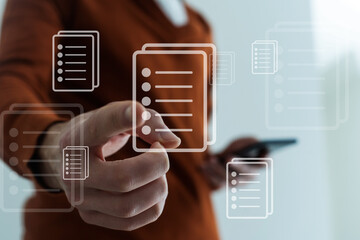 Poster - Businessman pressing modern social buttons on a virtual background