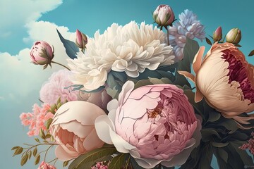 Wall Mural - Beautiful bouquet of flowers against the blue sky generated ai