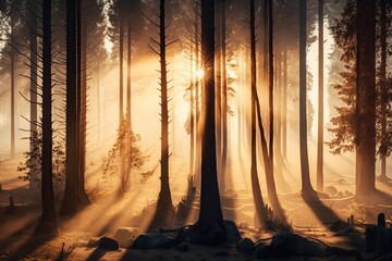 Wall Mural - Panoramic view of a misty forest at sunrise with the warm glow of the sun shining through the trees and casting long shadows, concept of Dawn and Nature, created with Generative AI technology