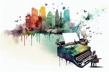 Watercolor Illustration of a Writer Creativity Imagination Concept Illustration, Typewriter Flying Over Cityscape. Generative AI
