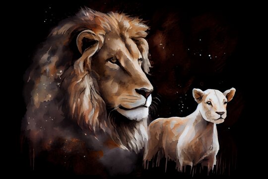 watercolor illustration of a the lion and the lamb together. image on black background. generative a