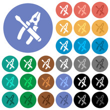 Combined Pliers And Screwdriver Round Flat Multi Colored Icons
