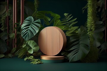 Poster - Generative AI of natural product display podium with tropical plants background.