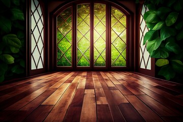 Poster - Wooden floor with green leaves and window view.Generative AI