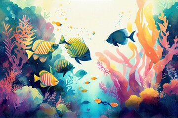 Watercolor Illustration of a Colorful Tropical Fishes. Generative AI