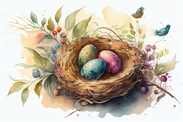 Wall Mural - Watercolor Illustration of a Colorful Easter Nest With Easter Eggs. Generative AI