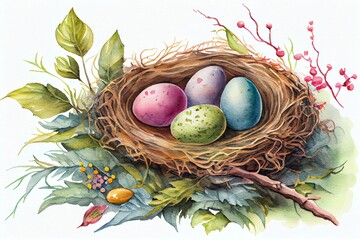 Wall Mural - Watercolor Illustration of a Colorful Easter Nest With Easter Eggs. Generative AI