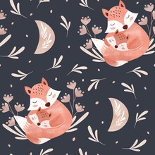 Seamless Pattern With Chanterelles, Mother And Baby On A Dark Background With The Moon